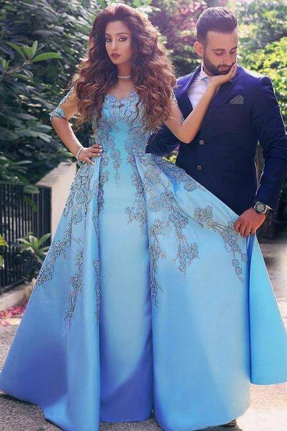 A-line Beautiful Elegant Blue Half Sleeved Satin Ball Sweet Lace Dress