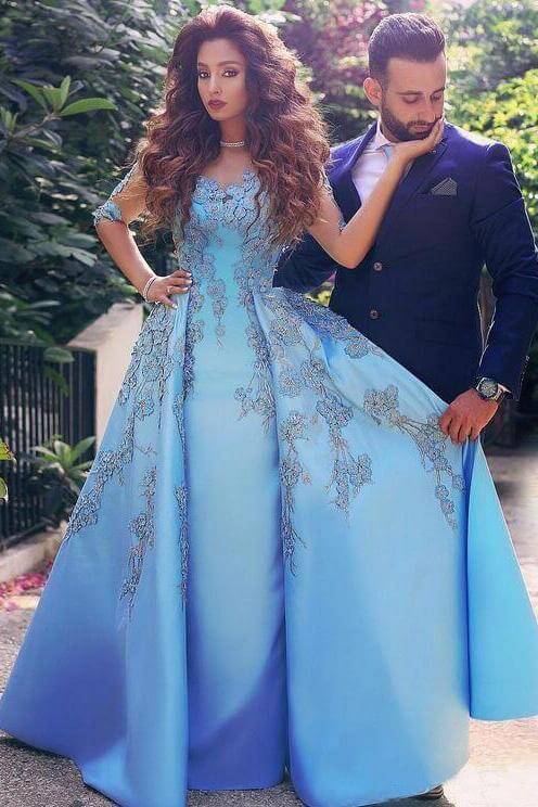 A-line Beautiful Elegant Blue Half Sleeved Satin Ball Sweet Lace Dress