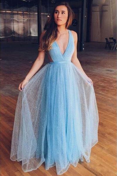 A-line blue sheer shoulder strap sleeveless ball dress, floor length evening gown