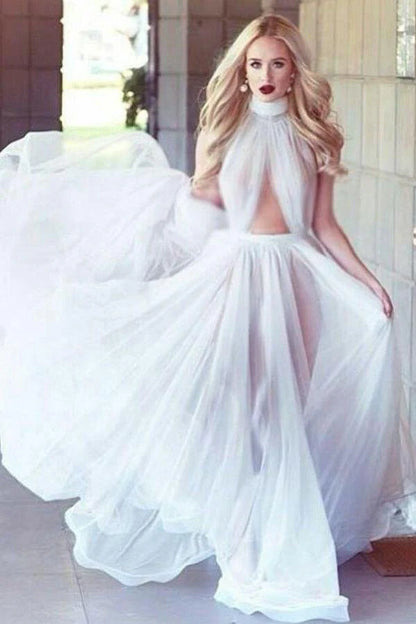 A-line long sexy minimalist ivory high necked sleeveless sheer ball dress