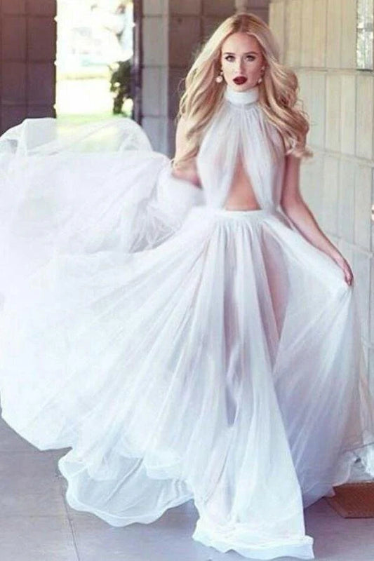A-line long sexy minimalist ivory high necked sleeveless sheer ball dress