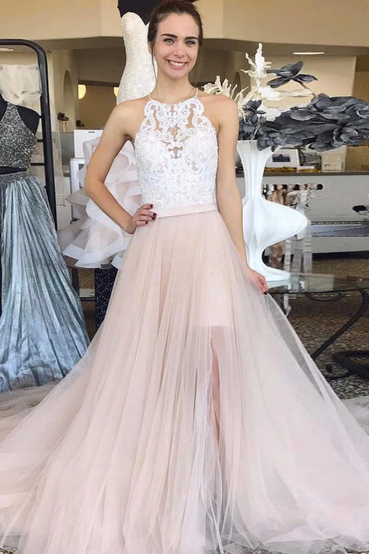 A-line suspender lace sheer and floor dance party evening dress