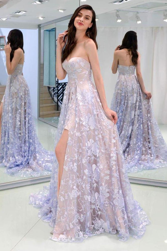 A-line lace slit sleeveless ground length evening and cocktail dress