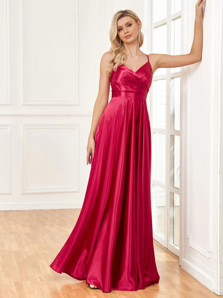 A-line pleated V-neck high slit elastic satin formal dance party dress