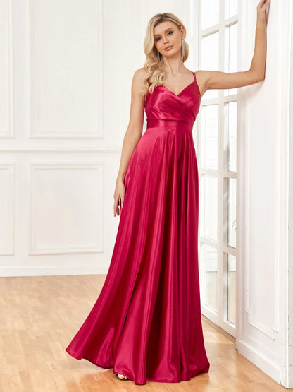 A-line pleated V-neck high slit elastic satin formal dance party dress