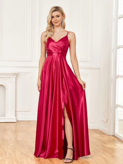 A-line pleated V-neck high slit elastic satin formal dance party dress