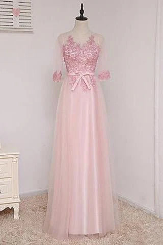 A-line crew-neck half-sleeve lace applique maxi dress evening gown
