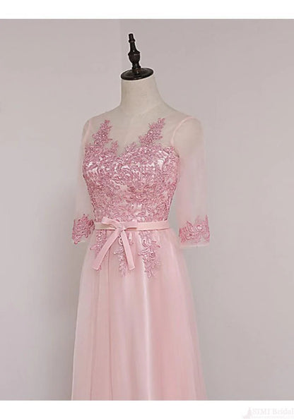 A-line crew-neck half-sleeve lace applique maxi dress evening gown