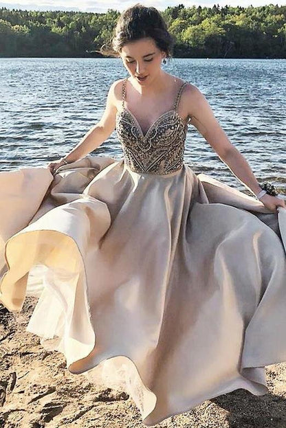 A-line elegant thin shoulders with long V-neck beaded evening ball dress