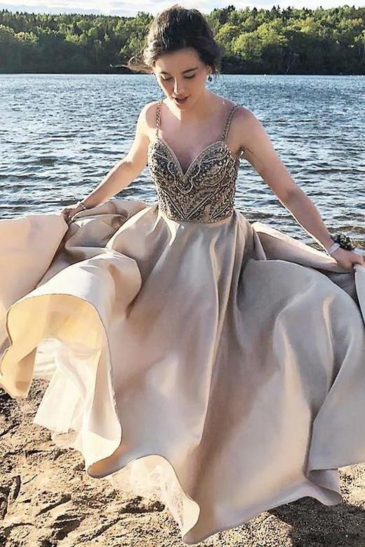 A-line elegant thin shoulders with long V-neck beaded evening ball dress