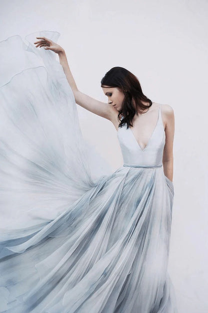 A-line sheer mixed color deep V-neck thin shoulder strap blue evening dress