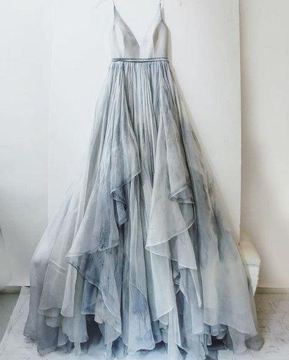 A-line sheer mixed color deep V-neck thin shoulder strap blue evening dress