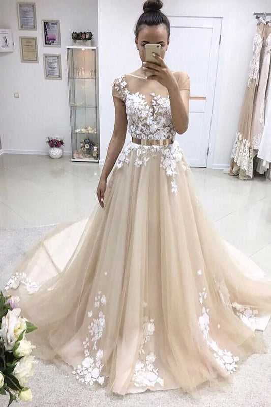 A-line sheer strapless white lace embellished gold belt short sleeved skirt hem ball dress