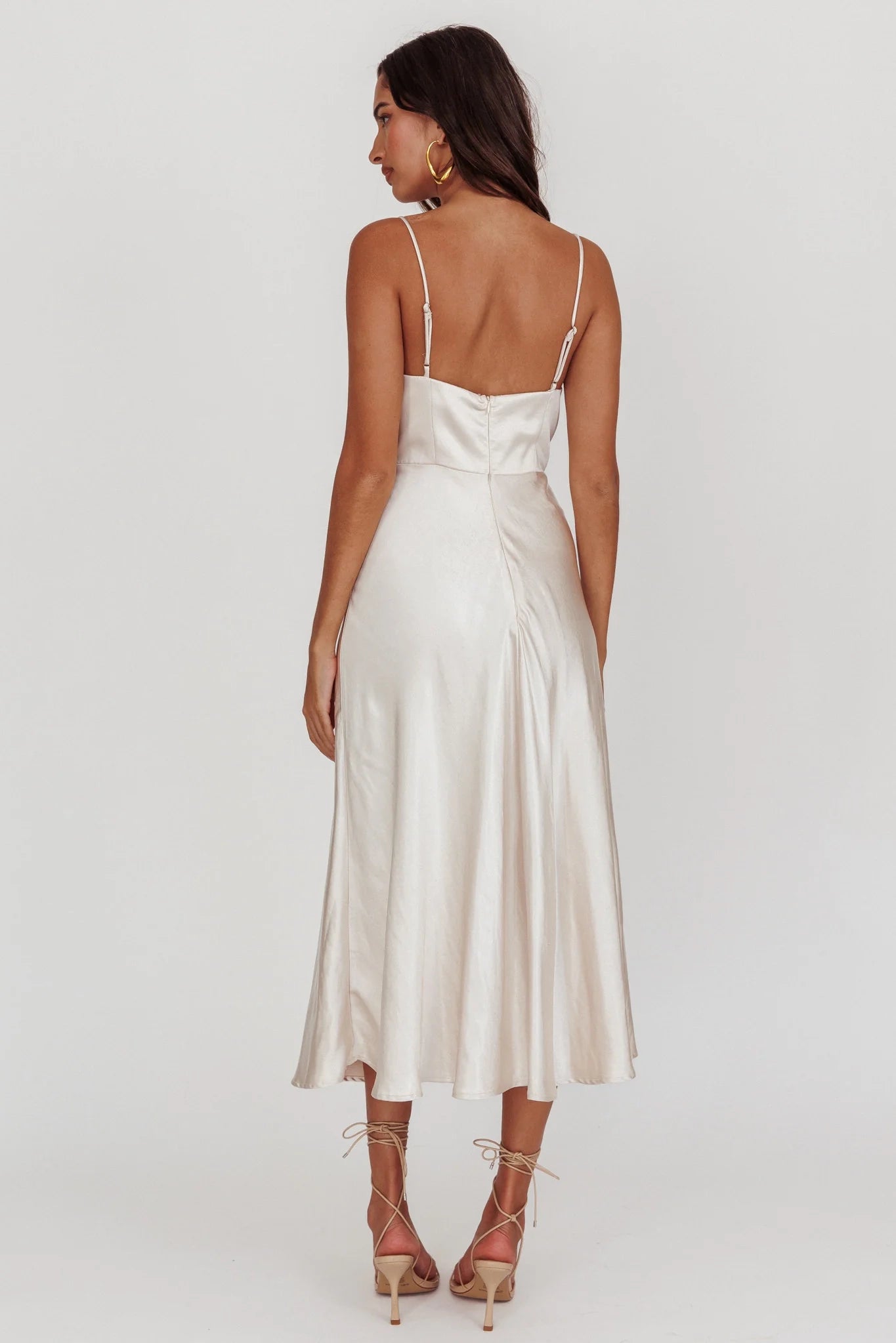 A-line mid length adjustable thin shoulder strap invisible back zipper bridesmaid dress with everyone's sideways gaze