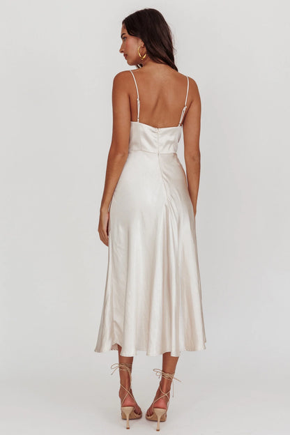 A-line mid length adjustable thin shoulder strap invisible back zipper bridesmaid dress with everyone's sideways gaze