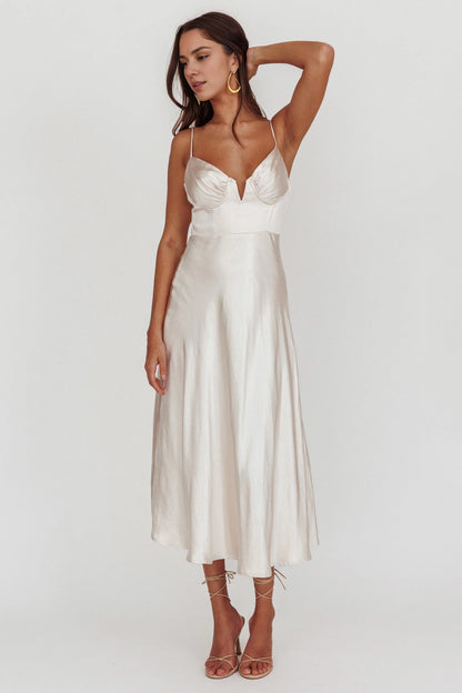 A-line mid length adjustable thin shoulder strap invisible back zipper bridesmaid dress with everyone's sideways gaze