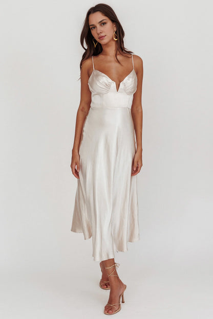 A-line mid length adjustable thin shoulder strap invisible back zipper bridesmaid dress with everyone's sideways gaze