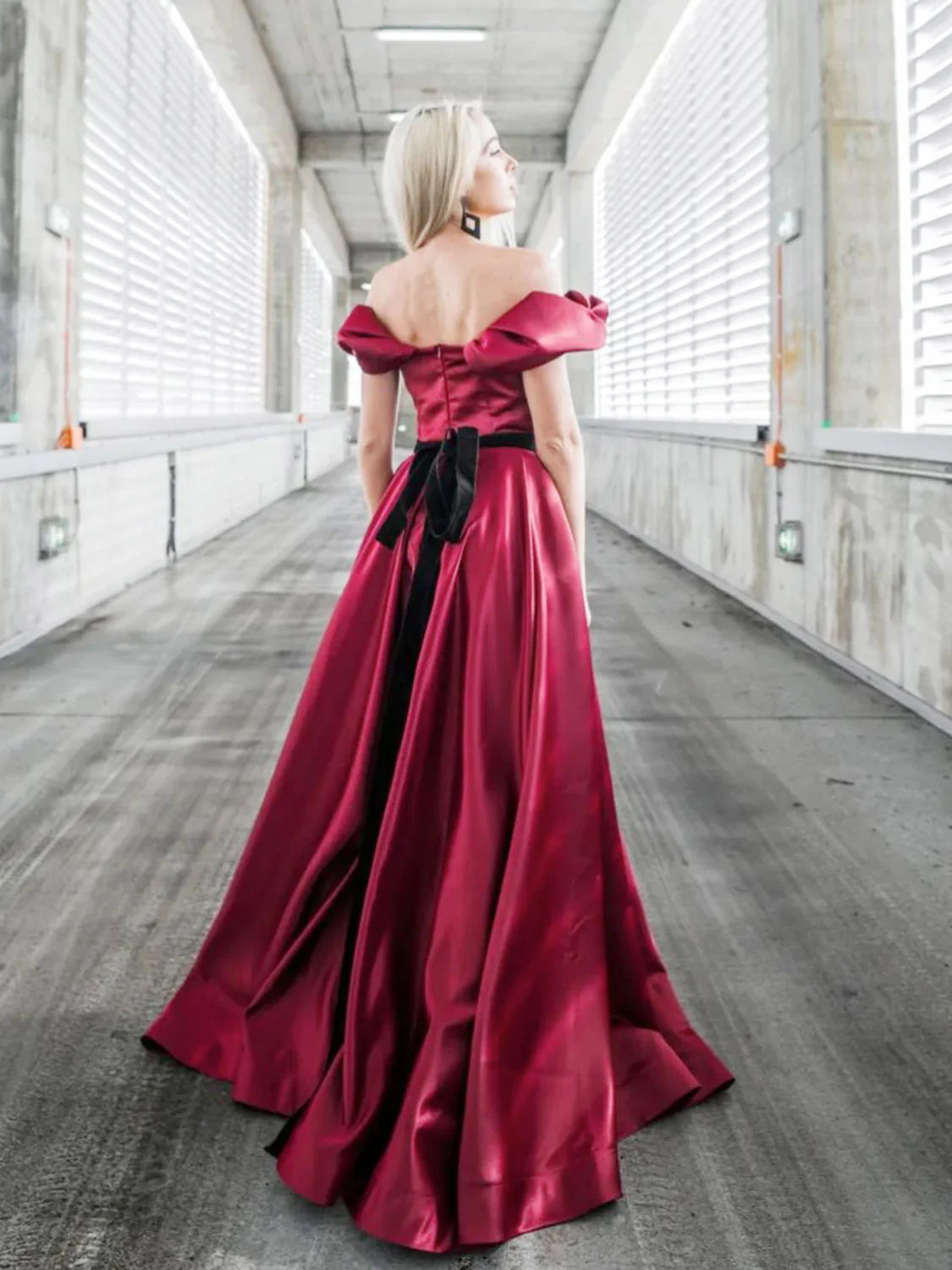 A-Line Off Shoulder Satin Burgundy Long Prom Dress Burgundy Formal Prom Dress