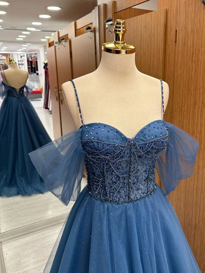 A-Line Sweetheart Neck Beading Tulle Blue Long Prom Dress Blue Formal Dress