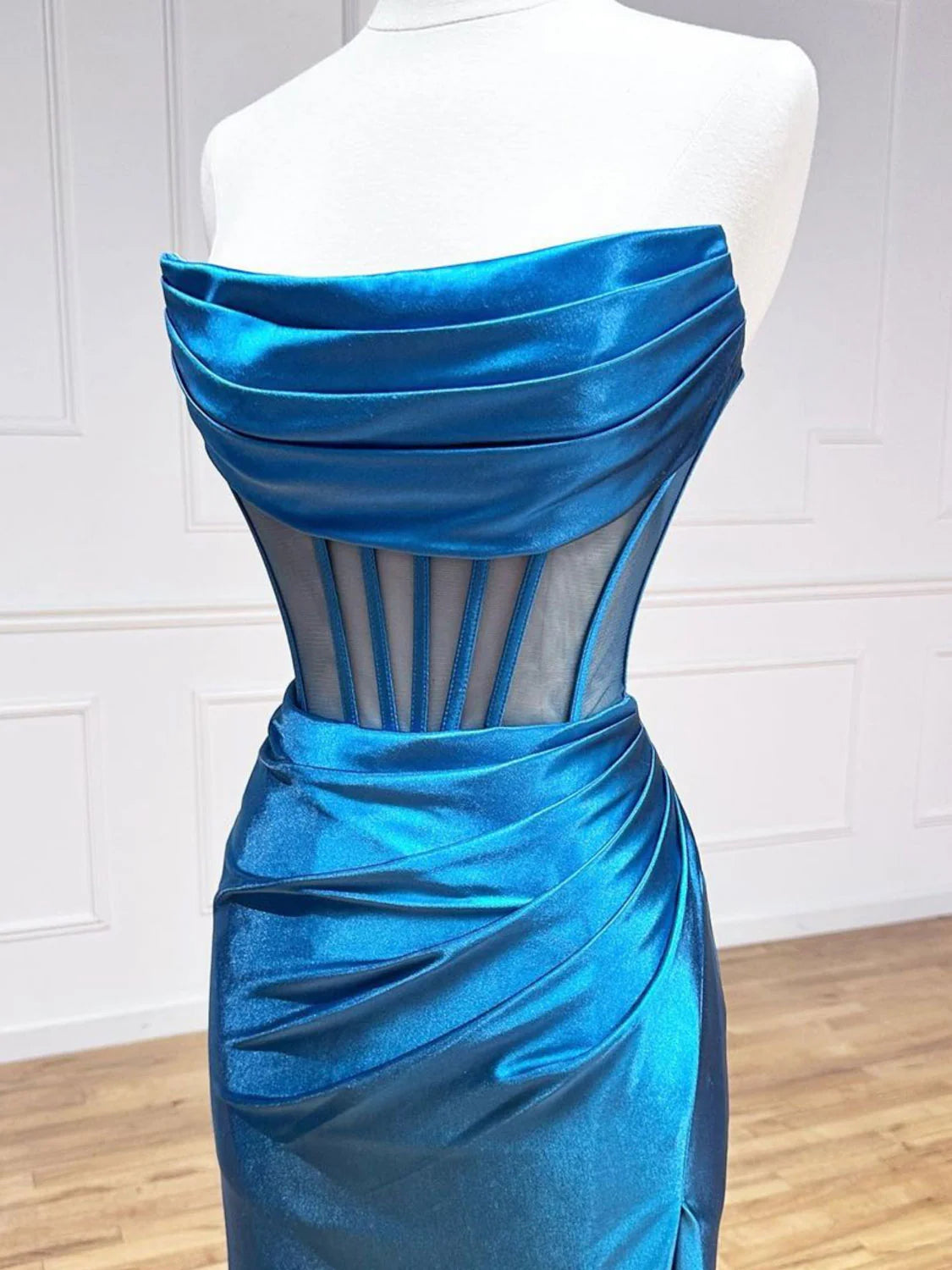 Blue Satin Long Prom Dress Mermaid Blue Formal Evening Dresses