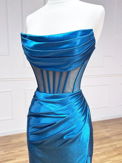 Blue Satin Long Prom Dress Mermaid Blue Formal Evening Dresses
