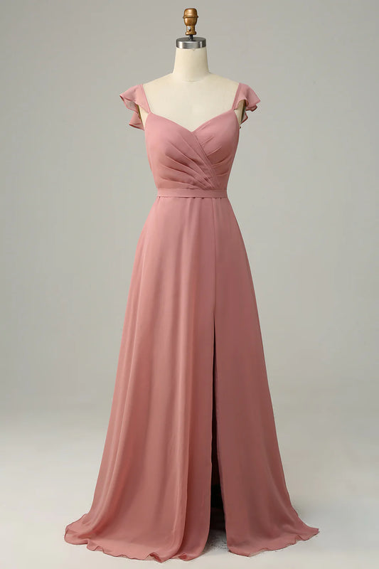 Rose Elegant and Sweet Lotus Leaf Edge Long Seam Slim Fit Bridesmaid Dress