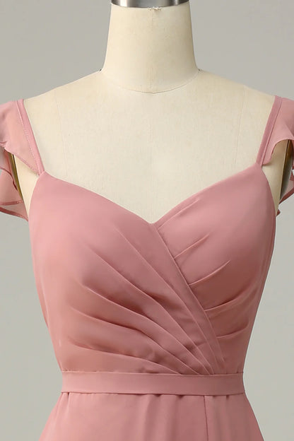 Rose Elegant and Sweet Lotus Leaf Edge Long Seam Slim Fit Bridesmaid Dress