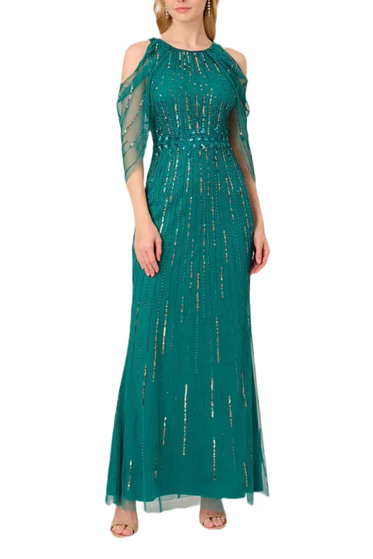 Cold shoulder crew neck beaded cape zipper closure mesh gown Mother of the Bride Dresses
