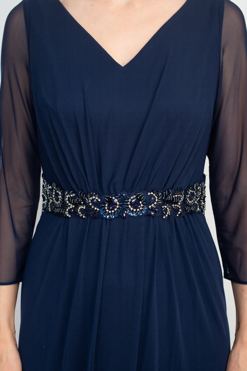 V-Neck 3/4 Sleeve Embellished Waist Front Zipper Back Solid Mother of the Bride Dresses