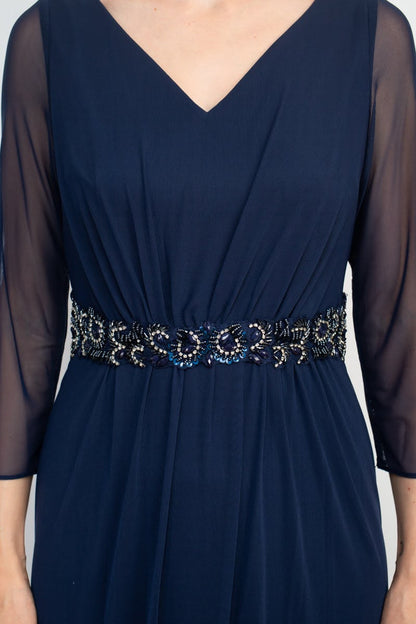 V-Neck 3/4 Sleeve Embellished Waist Front Zipper Back Solid Mother of the Bride Dresses