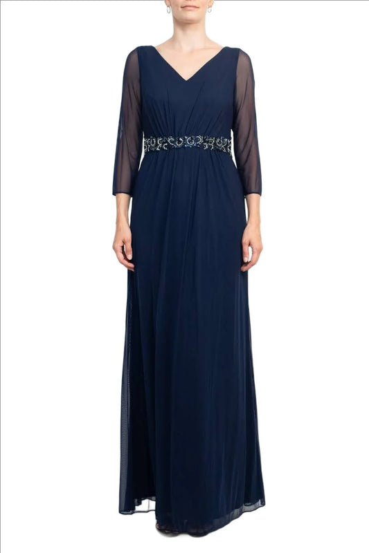 V-Neck 3/4 Sleeve Embellished Waist Front Zipper Back Solid Mother of the Bride Dresses