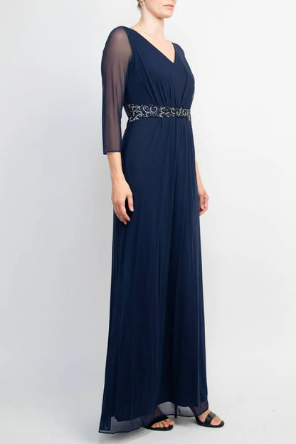 V-Neck 3/4 Sleeve Embellished Waist Front Zipper Back Solid Mother of the Bride Dresses