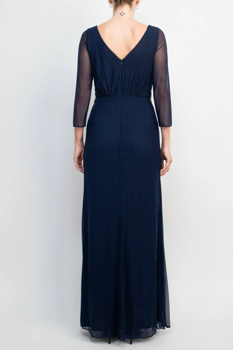 V-Neck 3/4 Sleeve Embellished Waist Front Zipper Back Solid Mother of the Bride Dresses
