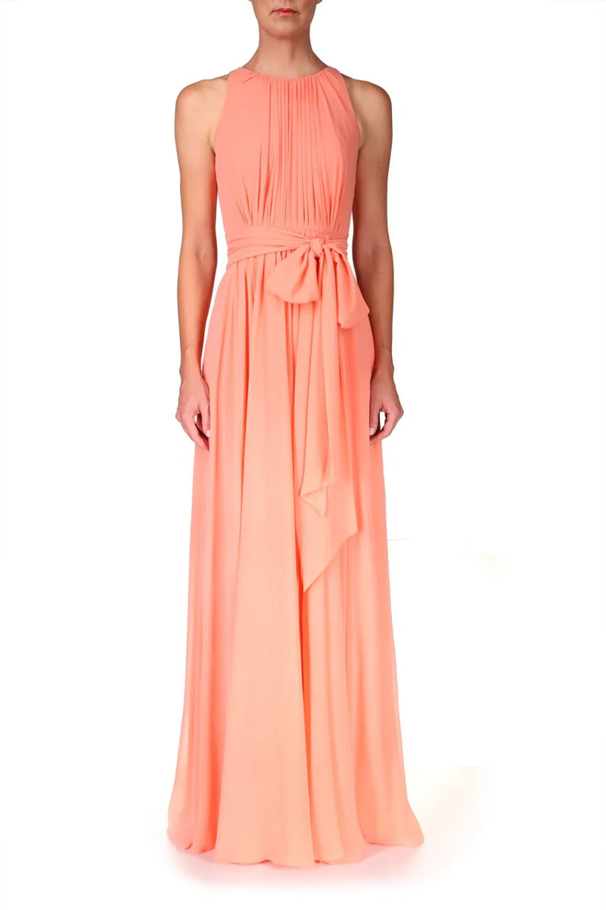 Jewel Neck Sleeveless Tie Waist Zipper Closure Prom Dress