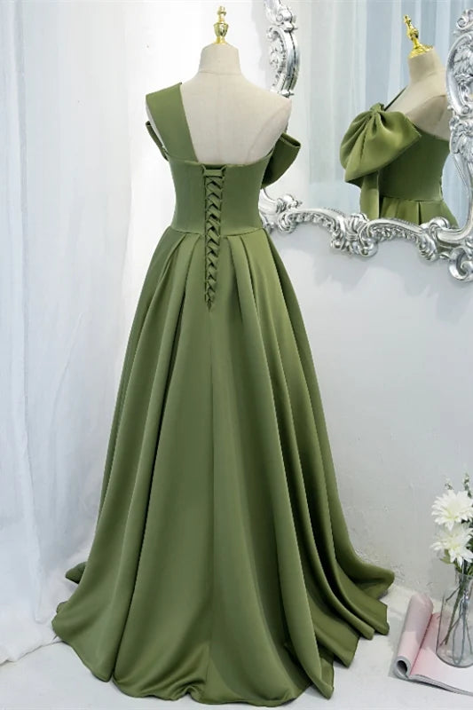 One Shoulder Green A-line Long Evening Dress