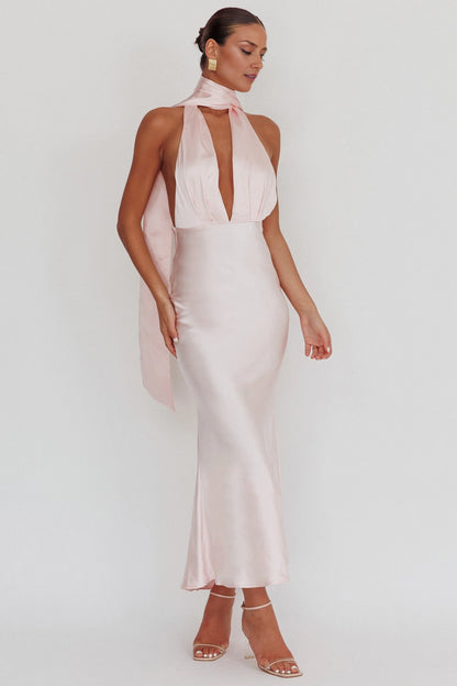 Absolutely stunning satin rose decoration deep V-neckline backless bridesmaid dress