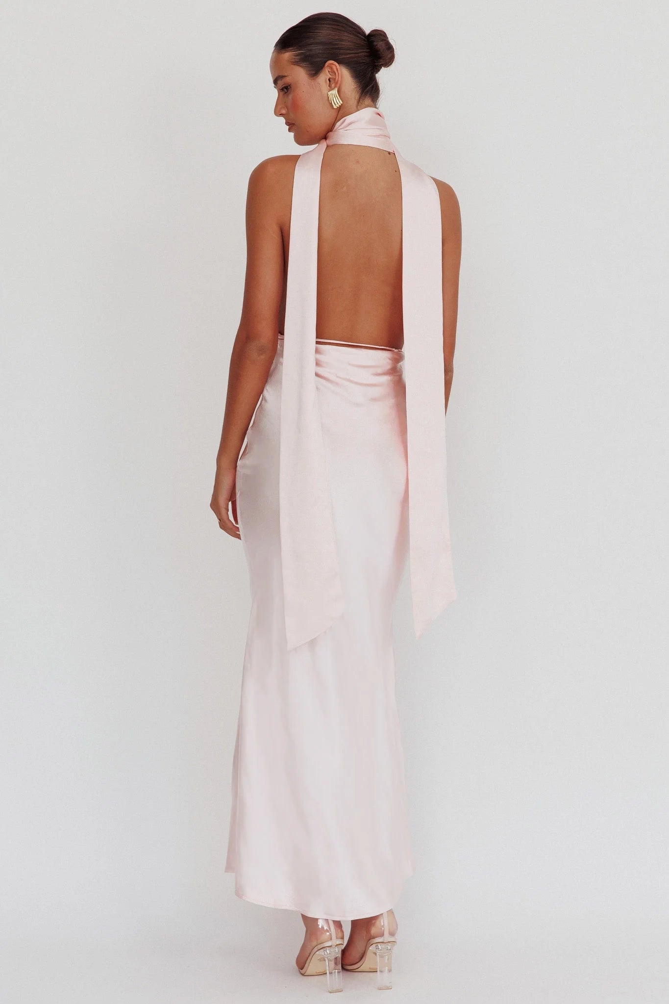 Absolutely stunning satin rose decoration deep V-neckline backless bridesmaid dress