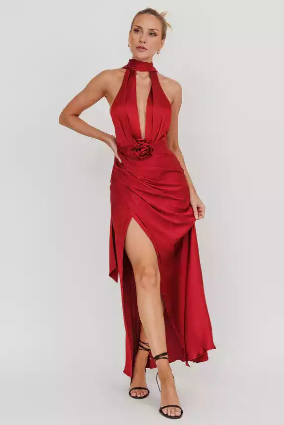 Absolutely stunning satin ultra long deep V-neck, backless, detachable rose leg slits, invisible back zipper Prom Dresses