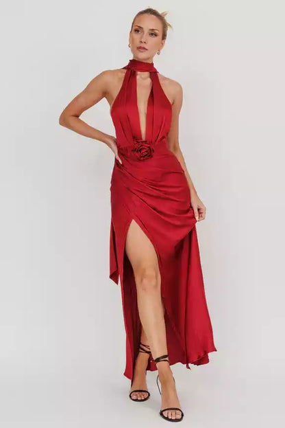 Absolutely stunning satin ultra long deep V-neck, backless, detachable rose leg slits, invisible back zipper Prom Dresses