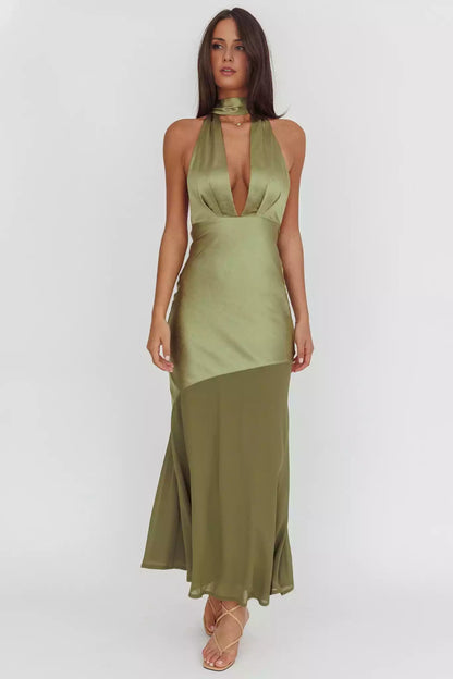 Absolutely stunning satin ultra long deep V-neck, backless, invisible side zipper Bridesmaid Dresses