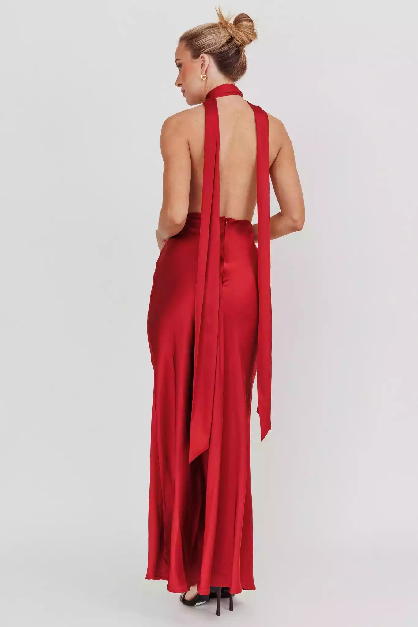 Absolutely stunning satin ultra long deep V-neck, backless rose, leg slits lined with invisible back zipper, Bridesmaid Dresses