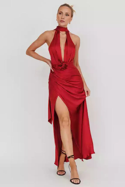 Absolutely stunning satin ultra long deep V-neck, backless rose, leg slits lined with invisible back zipper, Bridesmaid Dresses