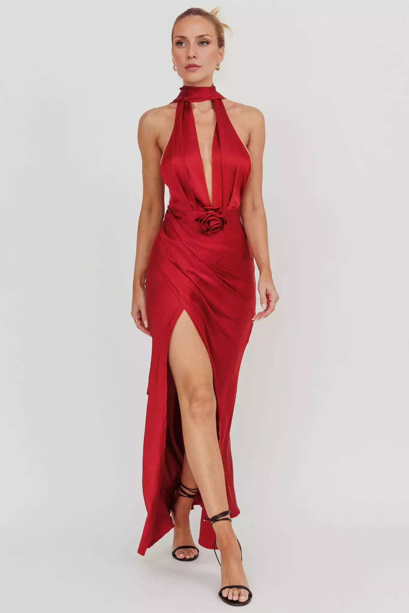 Absolutely stunning satin ultra long deep V-neck, backless rose, leg slits lined with invisible back zipper, Bridesmaid Dresses