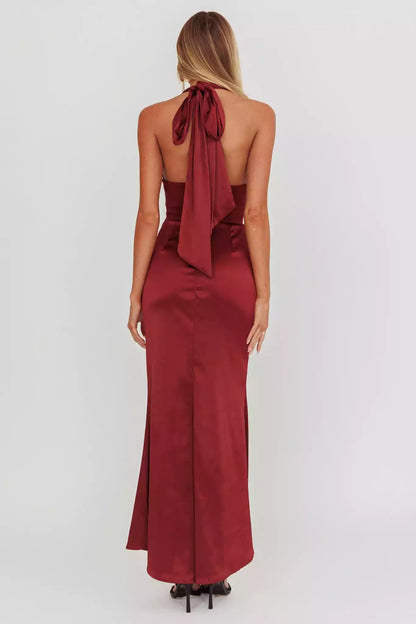 Absolutely stunning satin ultra long deep V-neck backless, unlined, invisible back zipper Dresses
