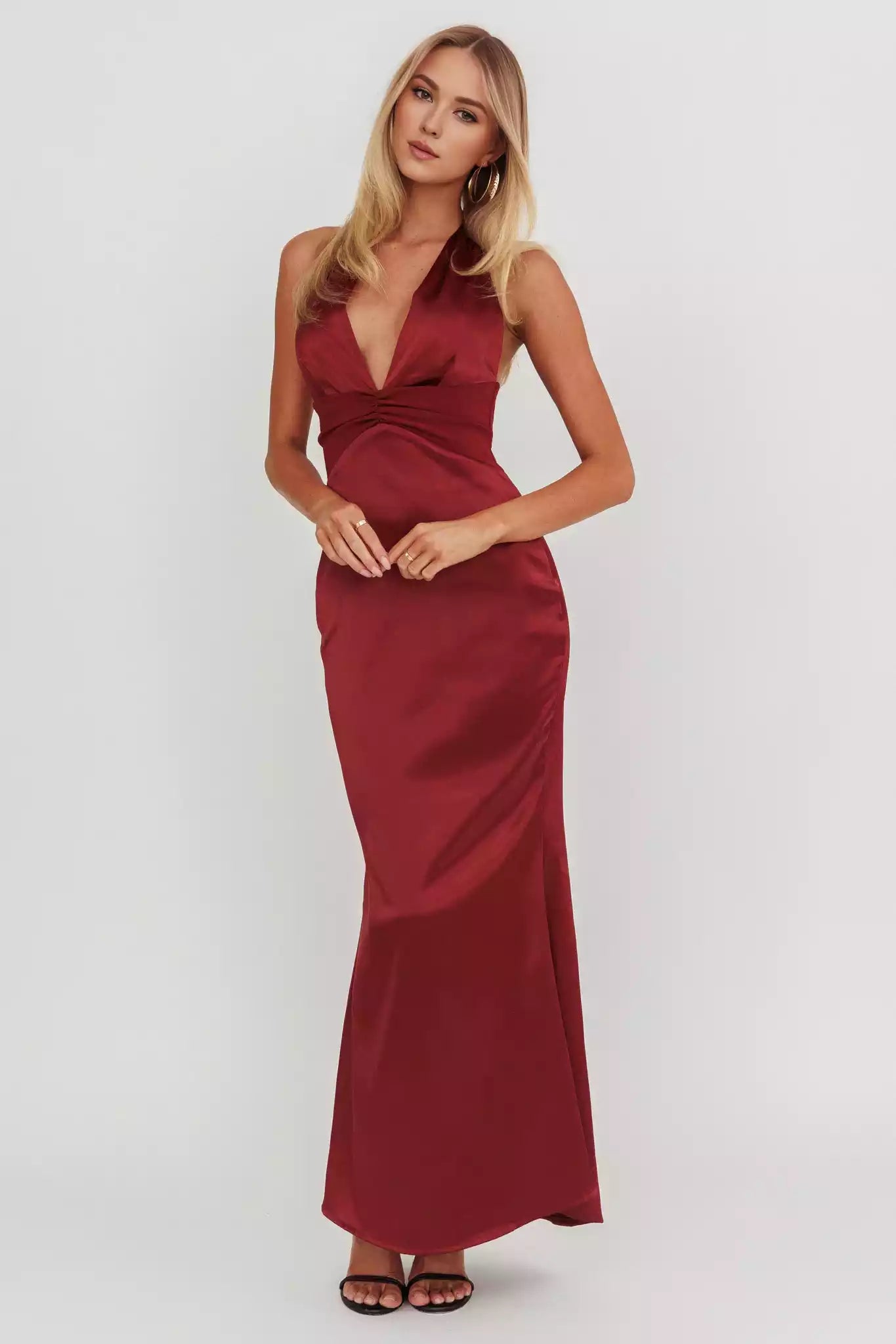Absolutely stunning satin ultra long deep V-neck backless, unlined, invisible back zipper Dresses