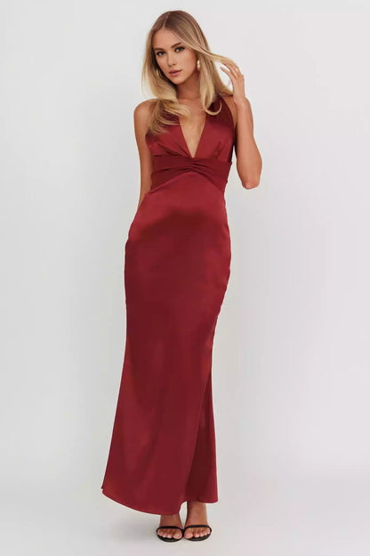 Absolutely stunning satin ultra long deep V-neck backless, unlined, invisible back zipper Dresses