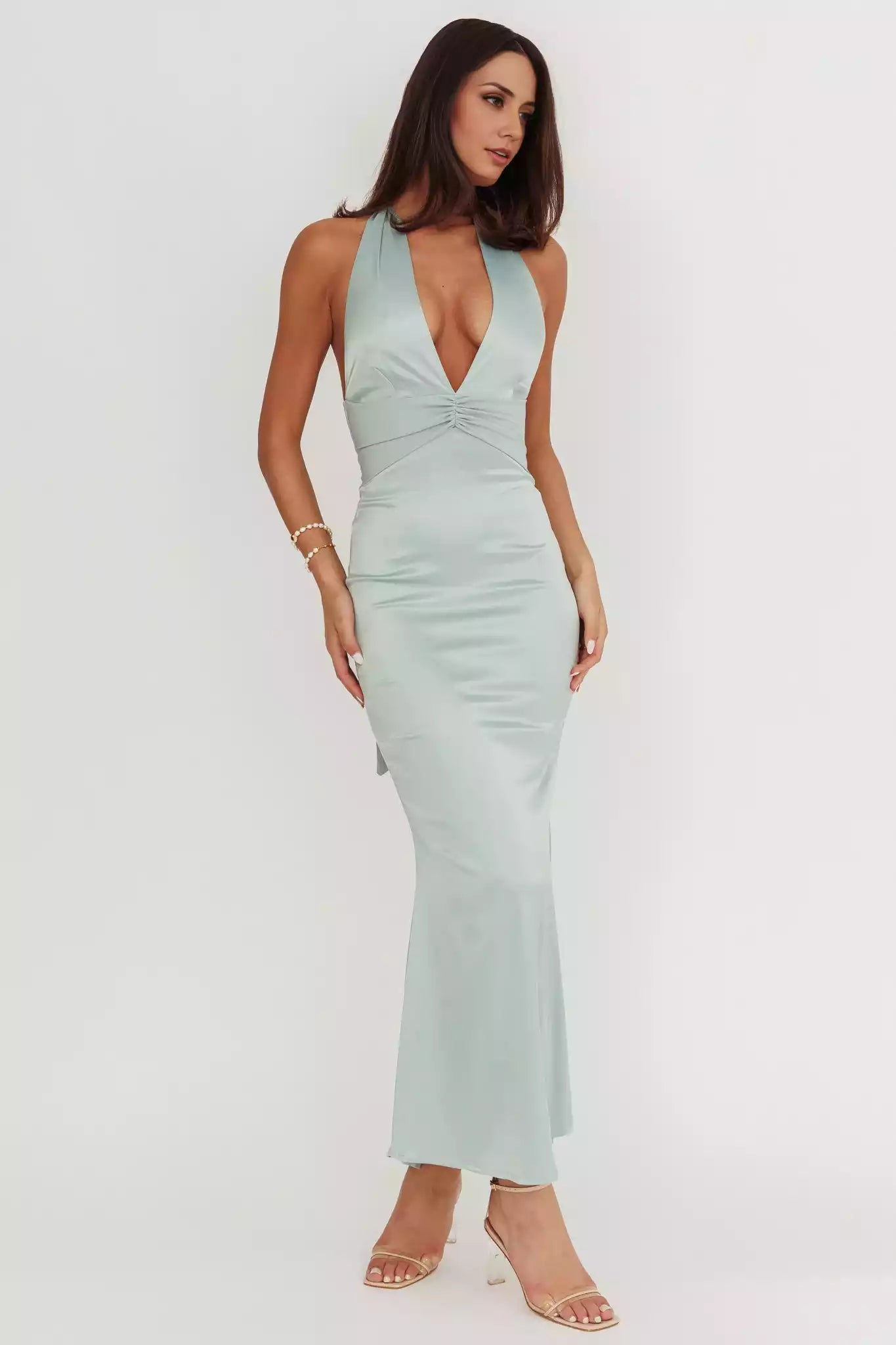 Absolutely stunning satin ultra long deep V-neck hanging neck long tie backless unlined invisible back zipper Bridesmaid Dresses