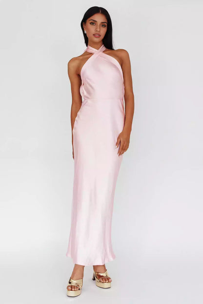 Absolutely stunning ultra long cross neck hanging, backless, adjustable shoulder straps with side zippers Prom Dresses