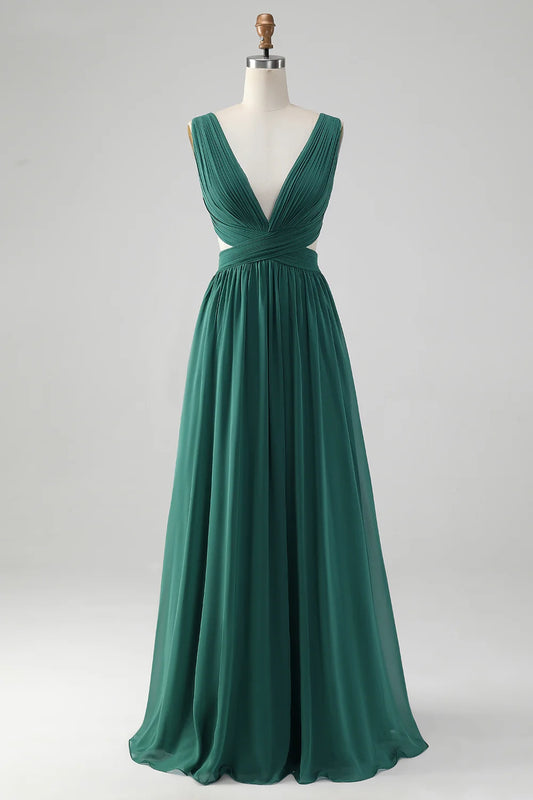 A charming A-line V-neck pleated chiffon long bridesmaid dress
