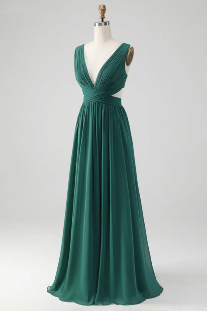 A charming A-line V-neck pleated chiffon long bridesmaid dress